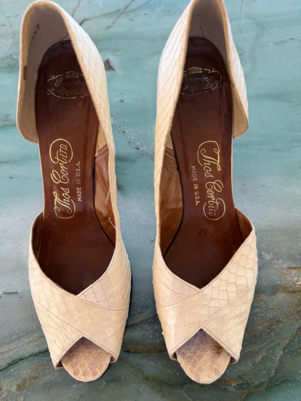 Vintage Thos Cort LTD Genuine Reptile Peep Toe Beige Heels Women’s Size 6.5